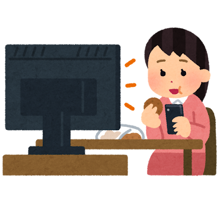 片手にコーヒーを持ちながら PC に向かう人
